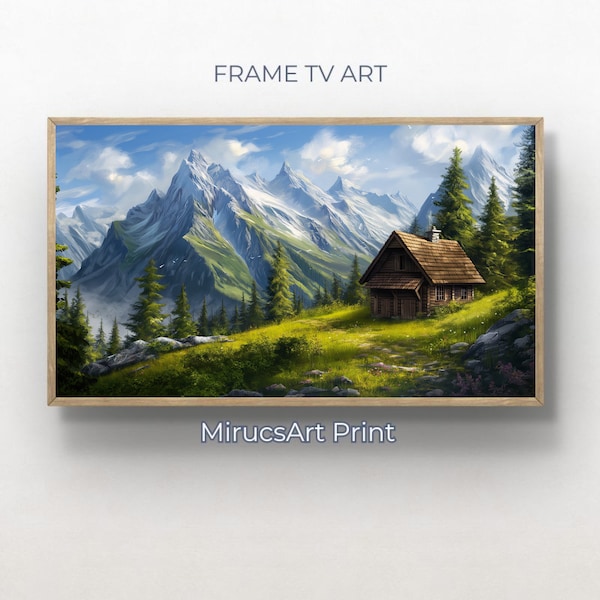 Mountain Retreat: A Digital Oil Painting of Serene Living Amidst Majestic Peaks | Digital Frame TV Art