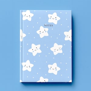Peut inclure: Un carnet bleu clair avec un motif répétitif d'étoiles blanches souriantes et de petits points blancs. Le mot NOTES est imprimé en noir, centré près du haut de la couverture. Le carnet a une couverture rigide et une forme rectangulaire.
