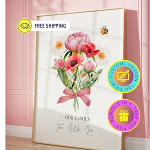 Birth Flower Print, Custom Family Bouquet Wall Art Personalized Watercolor Mothers Day Gift for Mom, Personalised Family Gift, Home Decor