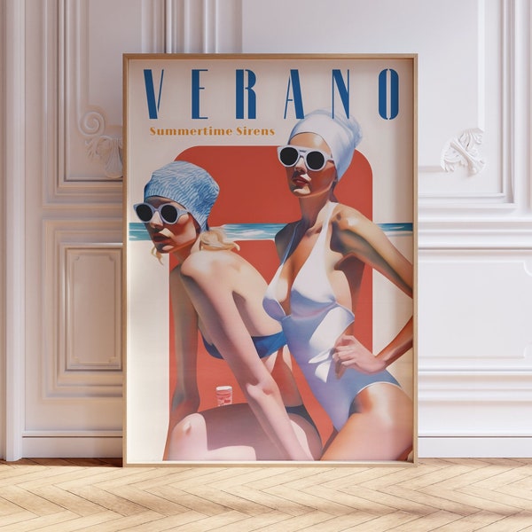 Verano Poster, Retro Women Beach  Summer Time Print, Soft Girl Bedroom Decor, Trendy Wall Art, Mid Century