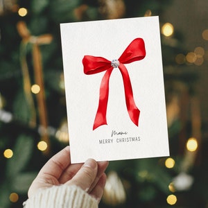Lot de 4 cartes aquarelle avec prénom personnalisé Noël ou achat à l'unité, lot de cartes pour les vacances d'hiver, motifs noeud rouge minimalistes personnalisés
