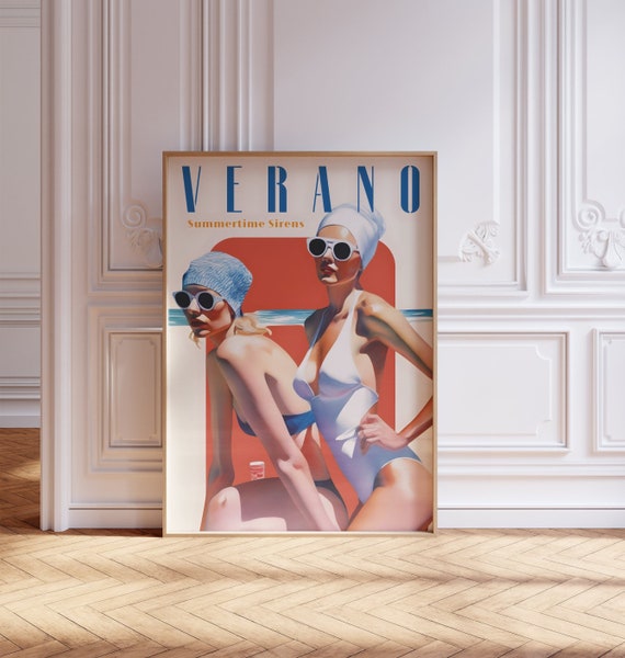 Verano Poster, Retro Women Beach  Summer Time Print, Soft Girl Bedroom Decor, Trendy Wall Art, Mid Century