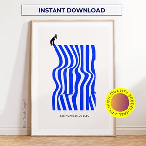 Lineaire golvende Yves Klein poster, elektrische blauwe Klif minimale print, Mid Century moderne Wall Art minnaar cadeau, esthetische kamer decor