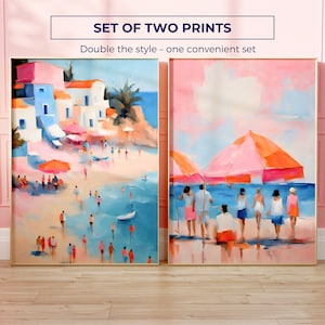 Preppy Wall Art Set of 2 Prints Summer Beach Umbrella Retro Abstract Coastal Oil Painting Pink Printable Wall Art Girly Apartment Decor Gift