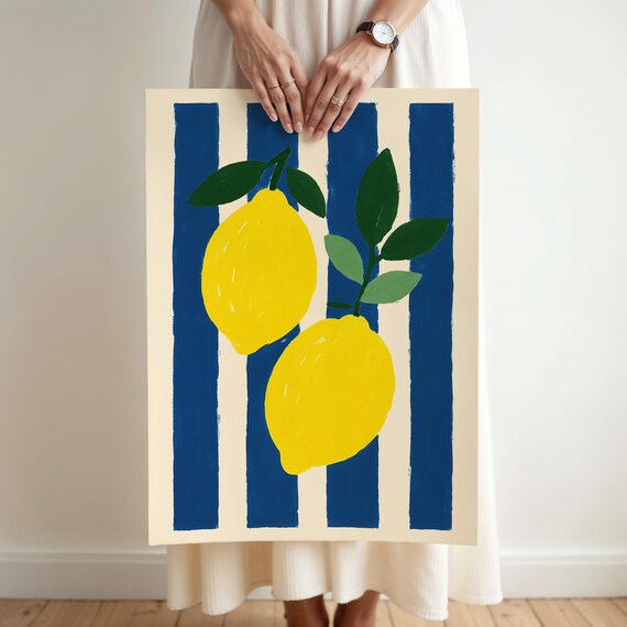 Amalfi Lemons Art Print – Mediterranean Fruit Wall Art, Bold Blue Stripe Poster Italian Kitchen Decor Summer Citrus Gift Minimal and Artsy