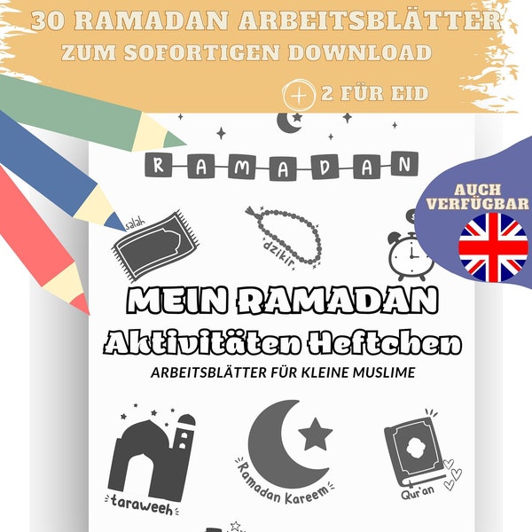 Ramadan & Eid Aktivitätsheftchen für Kinder|32 Seiten| A4 |Deutsch| Islamische Druckvorlagen für Kinder | Ausmalen, Wortsuche, Bingo u.v.m!