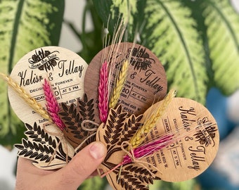 Faire-part de mariage rustique | Ensemble d'invitations en bois | Faire-part de mariage en bois tropical | faire-part en bois | Bois sur mesure | Conception en bois