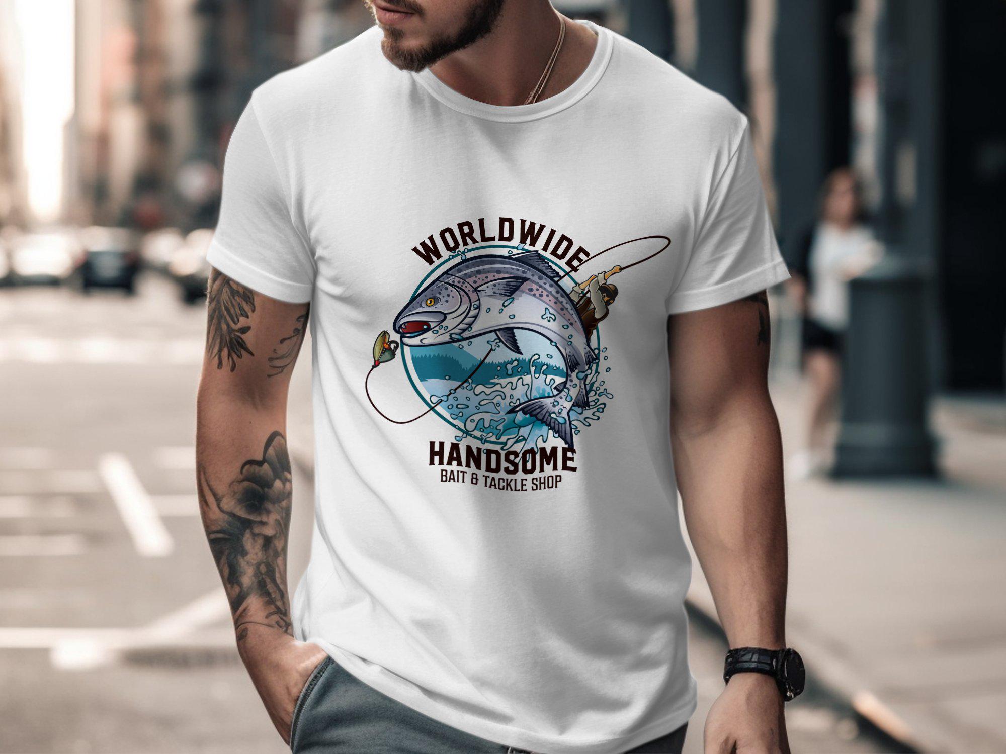 Worldwide Handsome Bait and Tackle Shop T-Shirt, Funny Fishing Shirt, Unique Outdoors Tee, Cool Fisherman Gift, Graphic Fish Design, Baiter