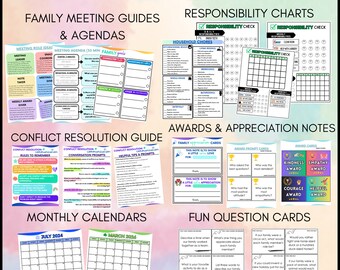 May include: A Family Success System digital kit featuring printable templates for family meeting agendas, responsibility charts, conflict resolution guides, appreciation notes, monthly calendars, and fun question cards with text.