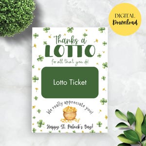 Dziękujemy Lotto za wszystko, co robisz. Naprawdę doceniamy Twój uchwyt na etykietę upominkową, do wydrukowania etykieta upominkowa na Dzień Świętego Patryka, uchwyt na los na loterię