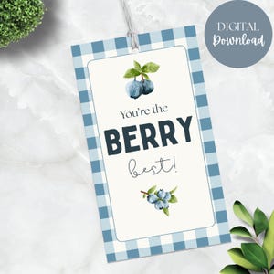 May include: A digital download gift tag with a blue gingham border and a cream-colored center. The tag features watercolor blueberries and the text "You're the BERRY best!"