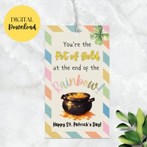 May include: A printable St. Patrick's Day gift tag featuring a rainbow, pot of gold, and shamrock. The text reads "You're the Pot of Gold at the end of the Rainbow! Happy St. Patrick's Day!"