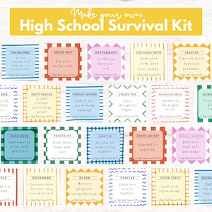 May include: A collection of rectangular labels for a High School Survival Kit, each featuring a unique colour, border pattern, and text. The labels include items like pain relievers, snacks, fidget toys, and school supplies with encouraging phrases.