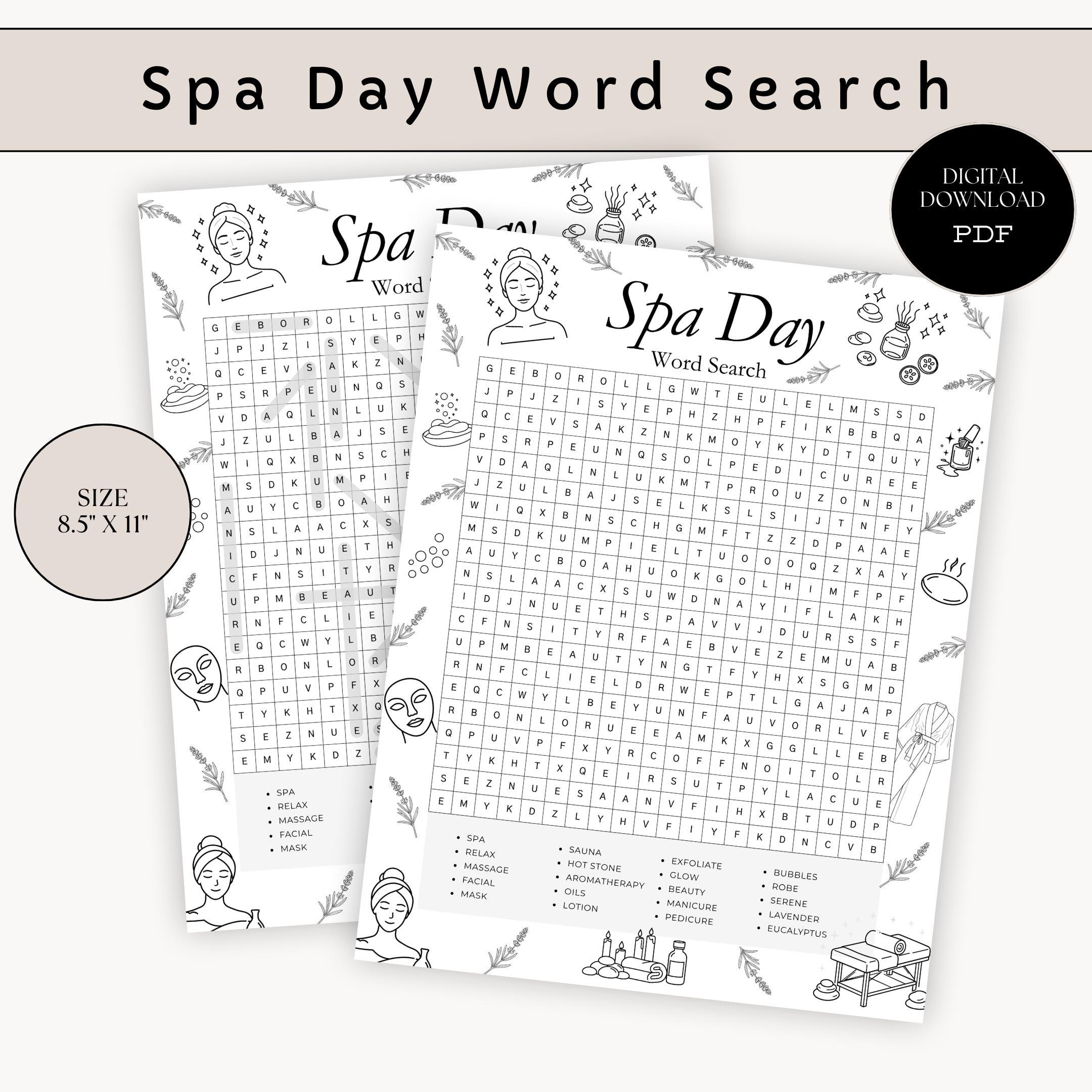 Spa Time Words Spa Day Word Search, Spa Day Activity, Word Search - Etsy