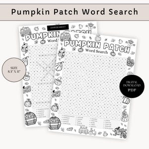 Può includere: Un foglio di ricerca parole Pumpkin Patch in bianco e nero che misura 21,59 cm per 27,94 cm. La pagina stampabile presenta una griglia di lettere, un elenco di parole da trovare e illustrazioni di zucche, uno spaventapasseri, un trattore e un maglione.