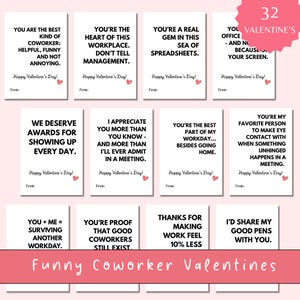 May include: A set of 12 white Valentine's Day cards with humorous messages for coworkers. Each card features black text, a small heart, and the phrase "Happy Valentine's Day!". The cards are arranged on a pink background, with the words "Funny Coworker Valentines" at the bottom.