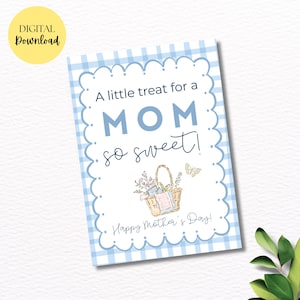 May include: A digital download card with a blue gingham border and scalloped edges. The card reads "A little treat for a MOM so sweet! Happy Mother's Day!" A basket of flowers and a butterfly are illustrated on the card.