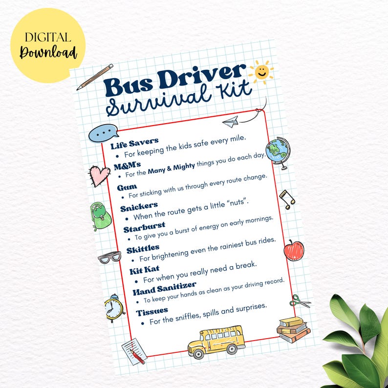 Bus Driver Survival Kit Gift Tag, School Bus Driver Thank You, Bus ...