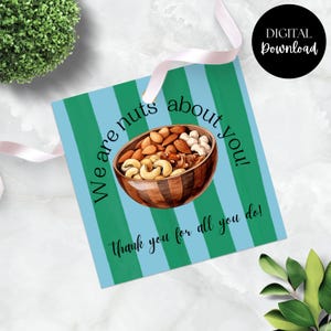We Are Nuts About You! Thank You For All You Do! 2.5&quot; x 2.5&quot; gift tag to go with a bottle of nuts, peanuts, walnuts, almonds, Father&#39;s Day