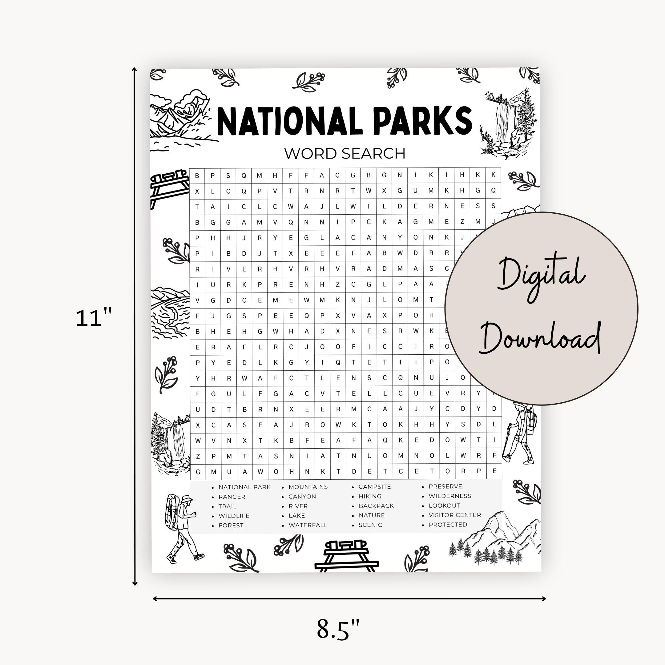 National Parks Word Search, National Parks Activity, Road Trip Activity ...