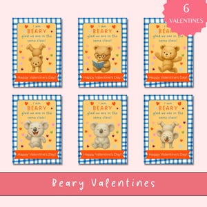 Puede incluir: Conjunto de seis tarjetas de San Valentín con borde a cuadros azul. Cada tarjeta presenta un oso o koala de dibujos animados con el texto "I am BEARY glad we are in the same class!" y "Happy Valentine's Day!"