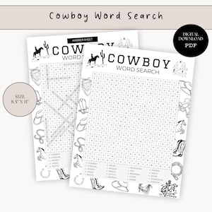 May include: Two white A4 Cowboy Word Search puzzle sheets. Each sheet features a word search grid with cowboy-themed words and illustrations of cowboy boots, hats, and horses. The top of the sheets read "Cowboy Word Search".