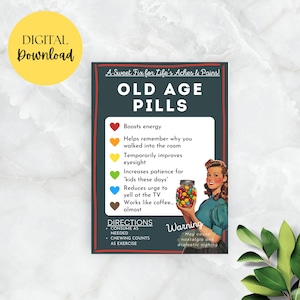 Étiquette de pilules de vieillesse imprimable - Over the Hill Pill - étiquette-cadeau d'anniversaire - bricolage drôle/vieillesse - cadeau de fête de retraite - téléchargement numérique