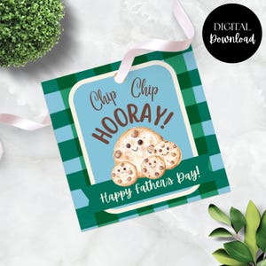 Puede incluir: Una etiqueta de regalo cuadrada con un patrón de cuadros azules y verdes. La etiqueta presenta una familia de galletas de dibujos animados con las palabras "Chip Chip Hooray!" y "Happy Father's Day!" en texto marrón y blanco. Se adjunta una cinta blanca.