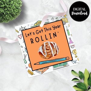 Let&#39;s Get This Year Rollin&#39; 3&quot; x 3&quot; Gift Tag / Back to School Party / PTA Gift for Teachers / New School Year Breakfast / Cinnamon Roll