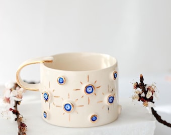 Handgefertigte Keramiktasse Nazar 24 Karat Gold Tasse Evil Eye