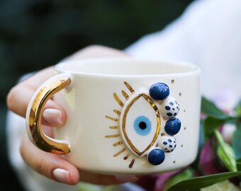 Handgefertigte Keramiktasse Nazar 24 Karat Gold Tasse Evil Eye