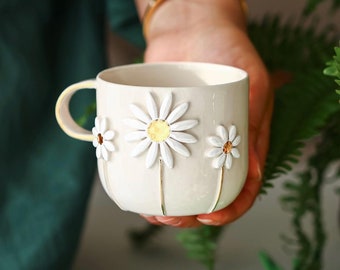 Handgefertigte Keramiktasse Daisy Gänseblümchen Margerite 24 Karat Gold Tasse