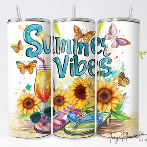 Summer Vibes Tumbler Wrap, Aquarell Sommer Sublimationsdesign, 20 Unzen Skinny Sublimationsbecher Design, Flip Flop Tumbler Png Downloads