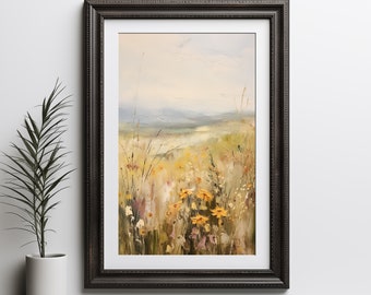 Daisy Wildflower Field Digital Print - Oil Painting - Meadow Landscape Art - Printable Wall Decor - Farmhouse Wall Art - Timeless Art Gift