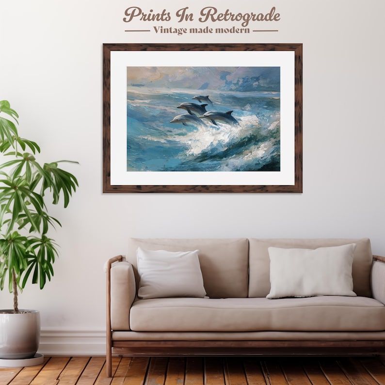 Dolphin Pod Ocean Vintage Style Oil Painting, Printable Wall Decor ...