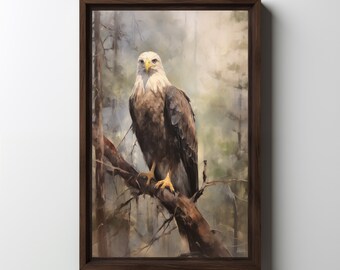May include: A painting of a bald eagle perched on a branch in a misty forest. The eagle has a white head and tail, with brown and black feathers on its body. The background is a soft, muted green and brown, with a hazy atmosphere.