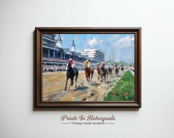 ケンタッキーダービーのヴィンテージスタイルの油絵、チャーチルダウンズ競馬場、即時ダウンロード可能な印刷可能な壁飾り、競馬アートワークプリント