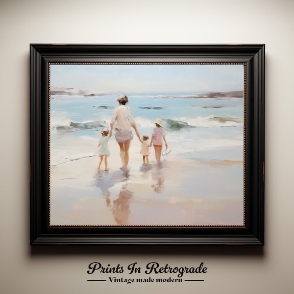 Mom and Kids Digital Print - Beach scene - Family Vacation Time - Printable Wall Art - Vintage Style Oil Painting - Mothers Day Gift - Coast