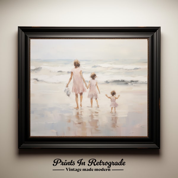 Three Sisters Digital Print - Family Beach Time - Sisterly Love - Printable Wall Art - Oil Painting Vintage Style - Family Bonding - Gift
