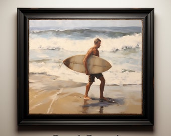 May include: A framed painting of a person walking on a beach with a surfboard under their arm. The person is wearing shorts and has short brown hair. The beach is sandy and the ocean is blue with white waves.