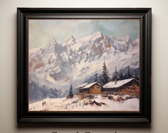 May include: A framed painting of a snowy mountain scene with a small village in the foreground. The painting is in a black frame with a gold trim.