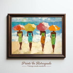 Beach Umbrella Oil Painting, Friends With Umbrellas Painting, Ladies on the Beach Artwork, Vintage Style Ocean Umbrella Art, Printable Decor