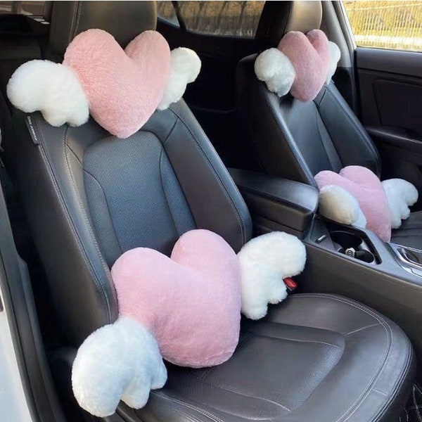 Pink Heart Headrest and Back Pillow | Cute Heart Car Accessories | Winged Heart Angel | Pink Lovers Gift | Car Pillow | Cute Car Decor