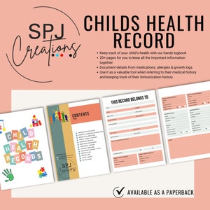 Plantilla imprimible en formato PDF de registro de salud infantil, historial médico infantil, registro de síntomas infantiles, registros médicos pediátricos