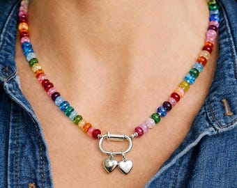Handmade Rainbow & Silver Beaded Carabiner Charm Necklace with Hearts
