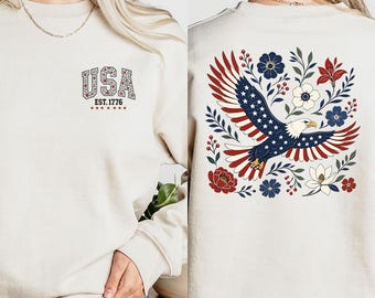 American Eagle Folk Art Sweatshirt, Vintage Patriotic Floral Sweatshirt, Country Americana Summer Pullover,4th of July Top