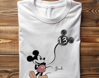 Custom Kid Name Age Mickey Mouse With Balloon Shirt, Cute Disney T-shirt, Personalized Birthday Gift, Disneyland 2024 Family Shirt