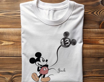 Custom Kid Name Age Mickey Mouse With Balloon Shirt, Cute Disney T-shirt, Personalized Birthday Gift, Disneyland 2024 Family Shirt