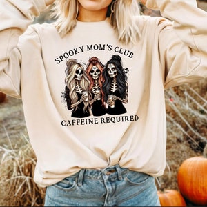 Spooky Mom&#39;s Club Caffeine Required Sweatshirt, Cool Moms Club Sweatshirt,Halloween Mom Sweatshirt, Spooky Mama Sweatshirt, Gift for Mom