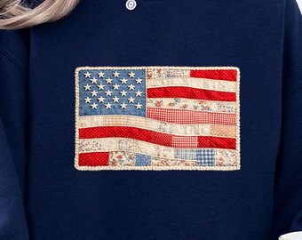 Patriotic Faux Patchwork Sweatshirt, Floral American Flag Sweater, USA Pride Outfit, Memorial Day Pullover